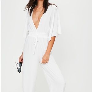 Missguided White Wide Leg Plunge Jumpsuit